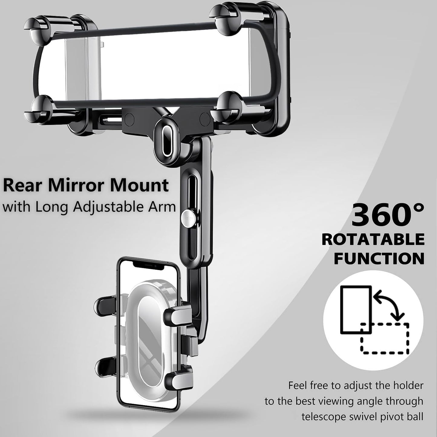 Rearview Mirror Phone Holder for Car, 360° Rotating Rear View Mount with Adjustable Arm Length, Upgraded Four Corners Fixed Anti-Shake Multifunctional Design for All Smartphones