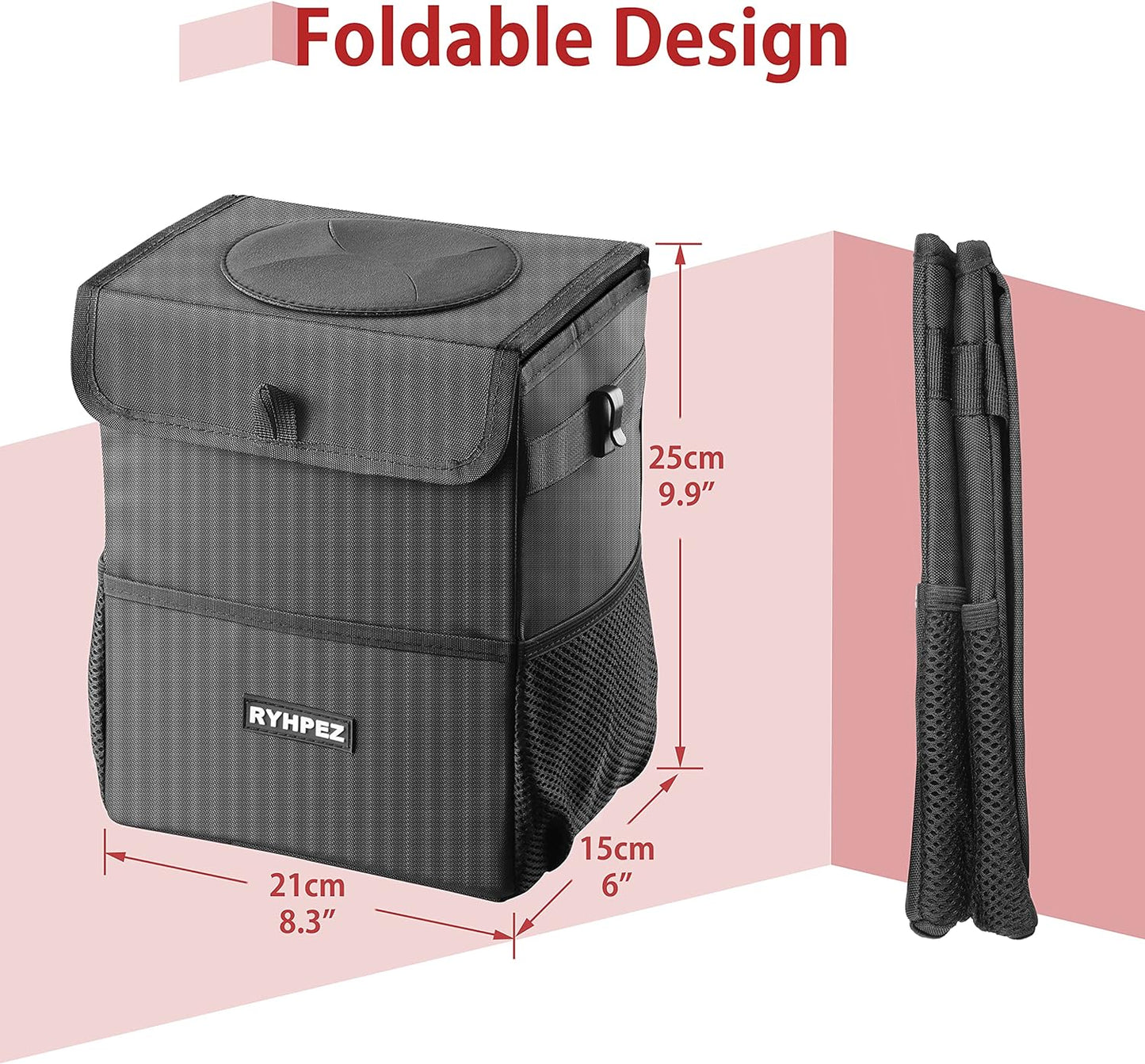 Car Trash Can with Lid - Car Trash Bag Hanging with Storage Pockets, Leakproof Collapsible Garbage Can with Solid Structure Support (Upgraded Version)