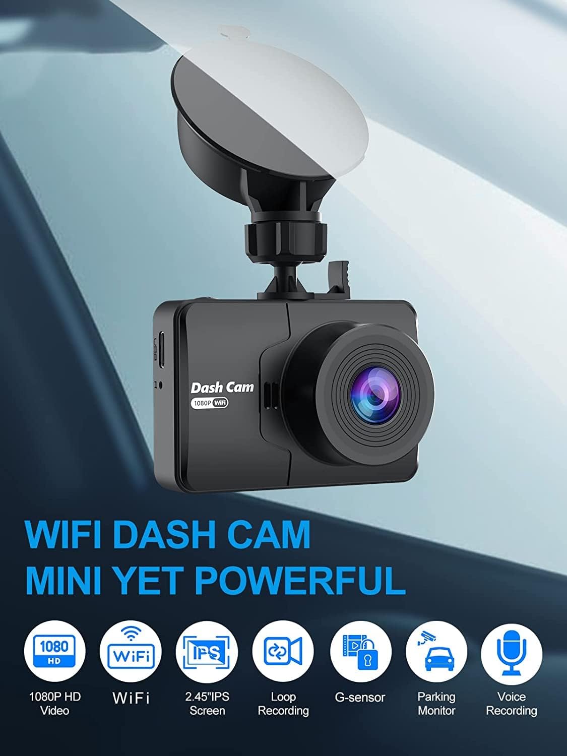 Dash Cam FHD 1080P Mini Dash Camera for Cars with WiFi, 2.45" IPS Screen, Night Vision, WDR, Loop Recording, G-Sensor Lock, 170°Wide Angle and Parking Monitor