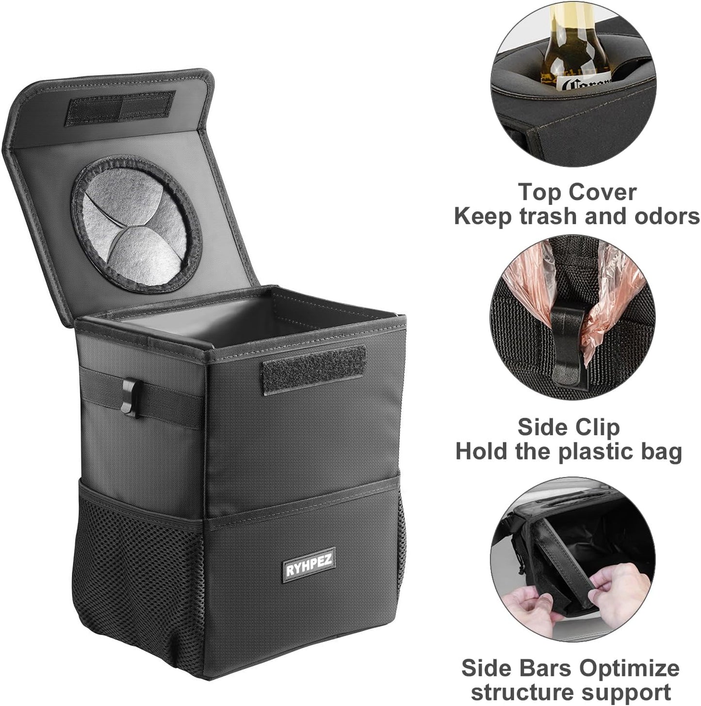 Car Trash Can with Lid - Car Trash Bag Hanging with Storage Pockets, Leakproof Collapsible Garbage Can with Solid Structure Support (Upgraded Version)